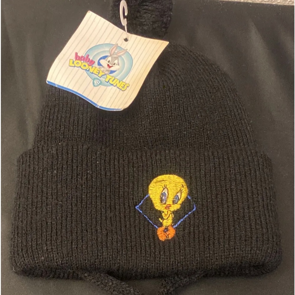 Vintage Baby Looney Tunes Tweety Bird Beanie Hat Baby Childs Knit Black 1998